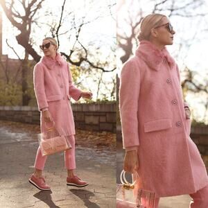 Kate Spade Tulip Pink Faux Fur Collar Crystal Button Front Wool Blend Coat sz 2